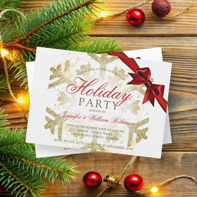 Invitation Parties scintillant or et ruban | Fête de Noël (Gold Glitter & Ribbon | Xmas Holiday Party Invitation)