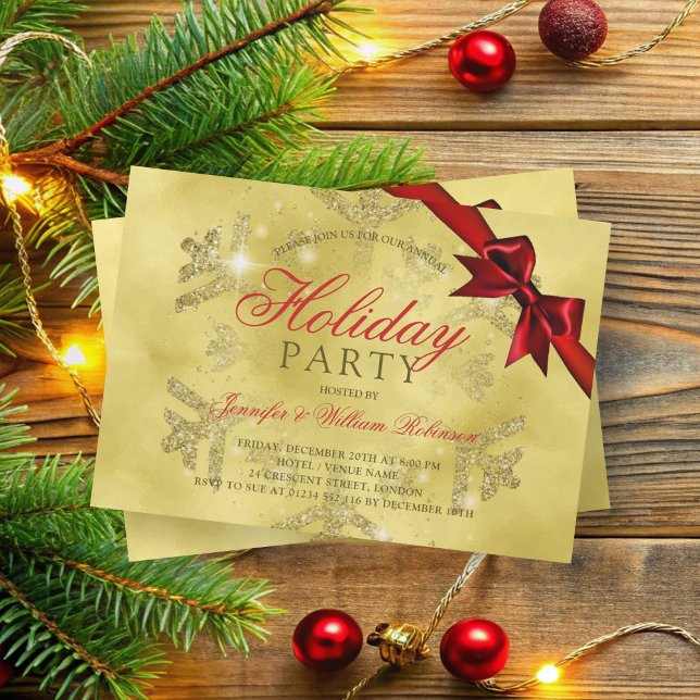Invitation Parties scintillant or et ruban | Noël (Gold Glitter & Ribbon | Xmas Holiday Red Invitation)