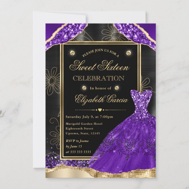 Invitation Parties scintillant or et violet robe Sweet sixtee (Devant)