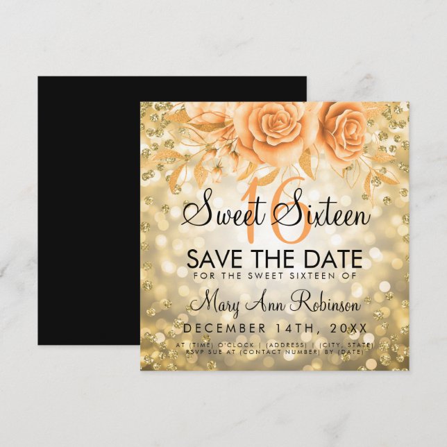 Invitation Parties scintillant Or Floral Sweet 16 Enregistrer (Devant / Derrière)