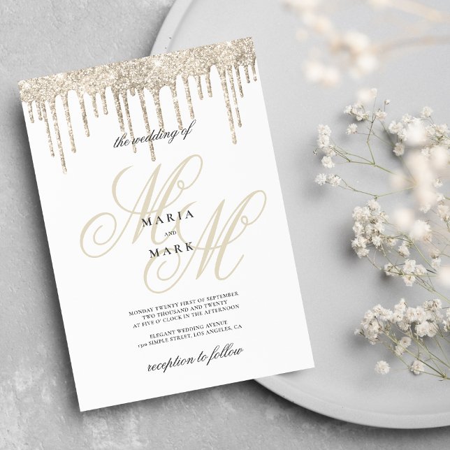 Invitation Parties scintillant or gouttes mariage initial mon (Gold glitter drips monogram initial wedding)