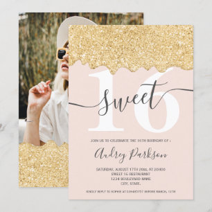 Invitation Parties scintillant or gouttes photo pastel rose c