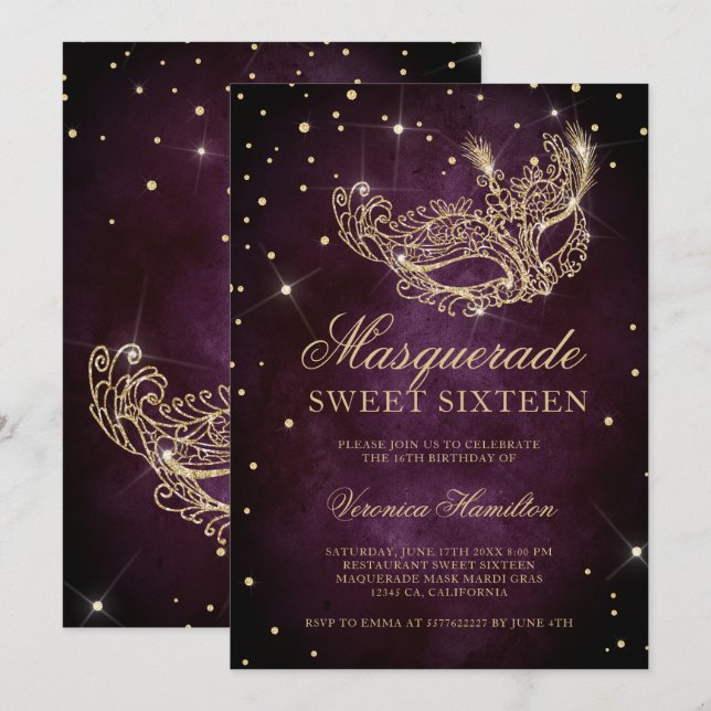 Invitation parties scintillant or mascarade masque prune Swee (Devant / Derrière)