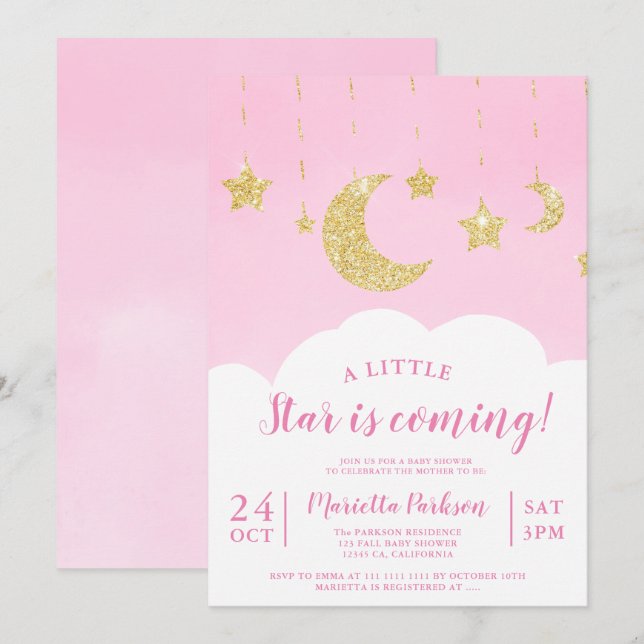Invitation Parties scintillant or mignon étoile lune nuage ro (Devant / Derrière)
