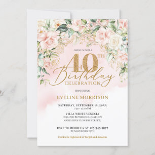 Invitation Parties scintillant or numéro rose doux roses 40e 