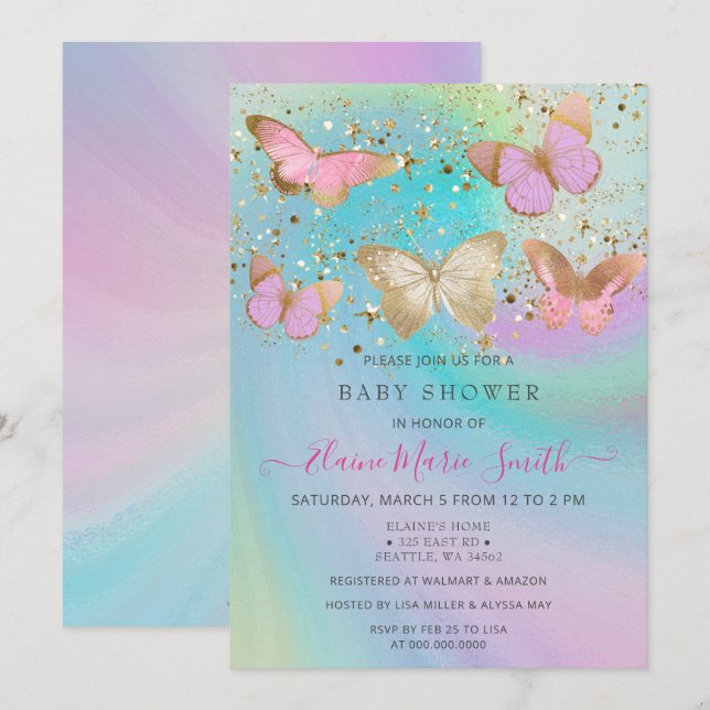 Invitation Parties scintillant or Pink Purple Papillons Baby  (Devant / Derrière)