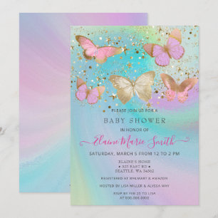 Invitation Parties scintillant or Pink Purple Papillons Baby 