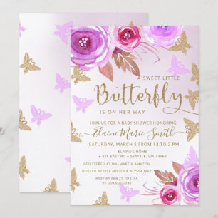 Invitation Parties scintillant or Pink Purple Papillons Baby 