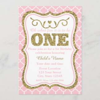 Invitation Parties scintillant or rose 1er anniversaire Invit