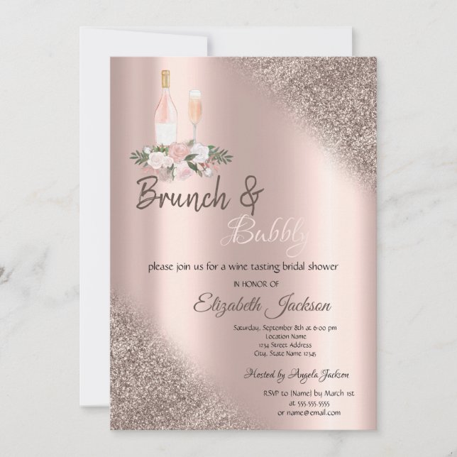 Invitation Parties scintillant or rose Bokeh Brunch et Bubbly (Devant)