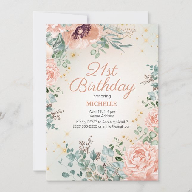 Invitation Parties scintillant or rose floral 21e anniversair (Devant)