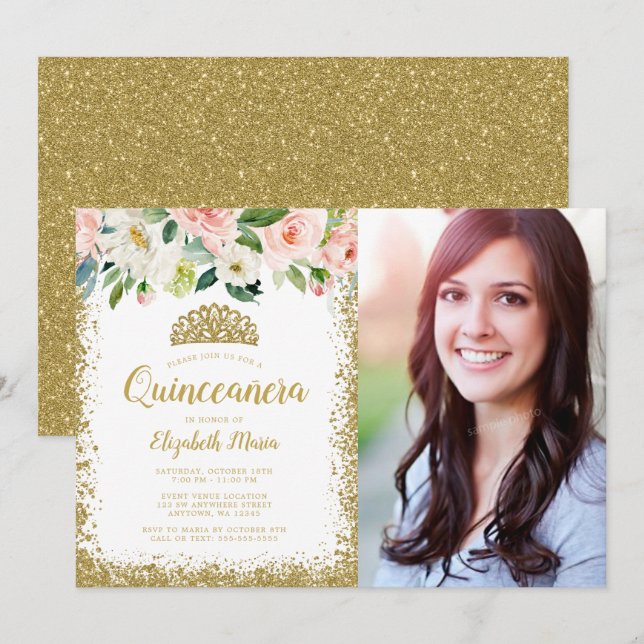 Invitation Parties scintillant or rose Floral Tiara Quinceane (Devant / Derrière)