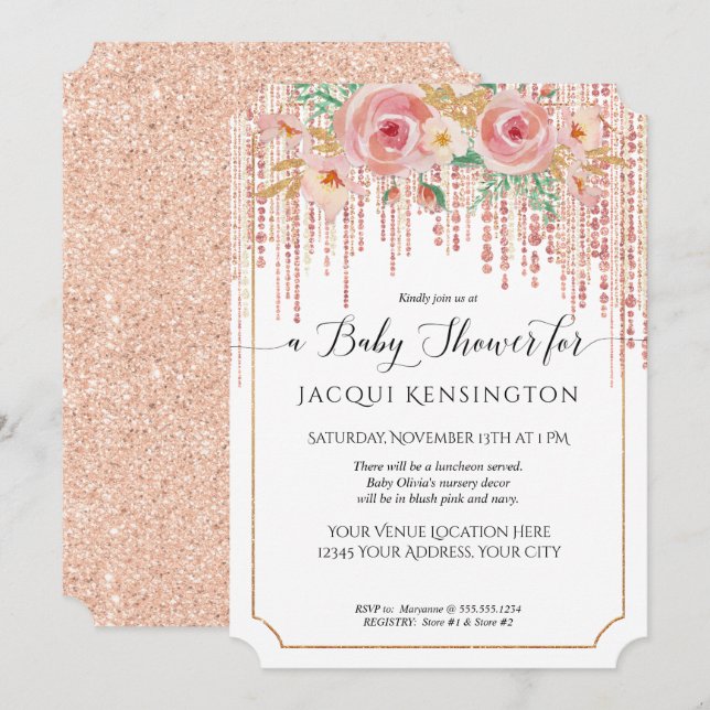 Invitation Parties scintillant or rose Fringe rose rose flora (Devant / Derrière)