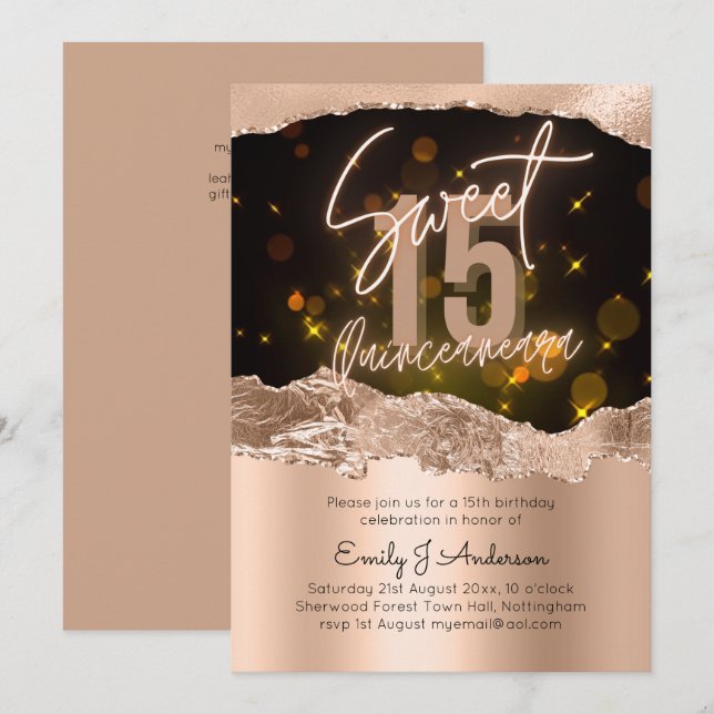 Invitation Parties scintillant or Rose glamour Quinceanera 15 (Devant / Derrière)