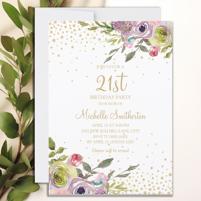 Invitation Parties scintillant or rose jaune floral 21e anniv (Purple watercolor floral and gold glitter 21st birthday party invitation)