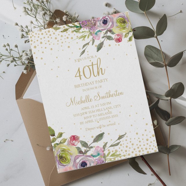 Invitation Parties scintillant or rose jaune floral 40e anniv (Pink, purple, yellow watercolor floral 40th birthday party invitation)