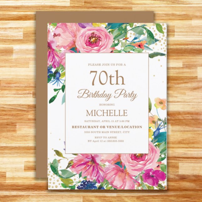 Invitation Parties scintillant or rose jaune floral 70e anniv (Pink, yellow, blue floral women's 70th birthday party invitation)