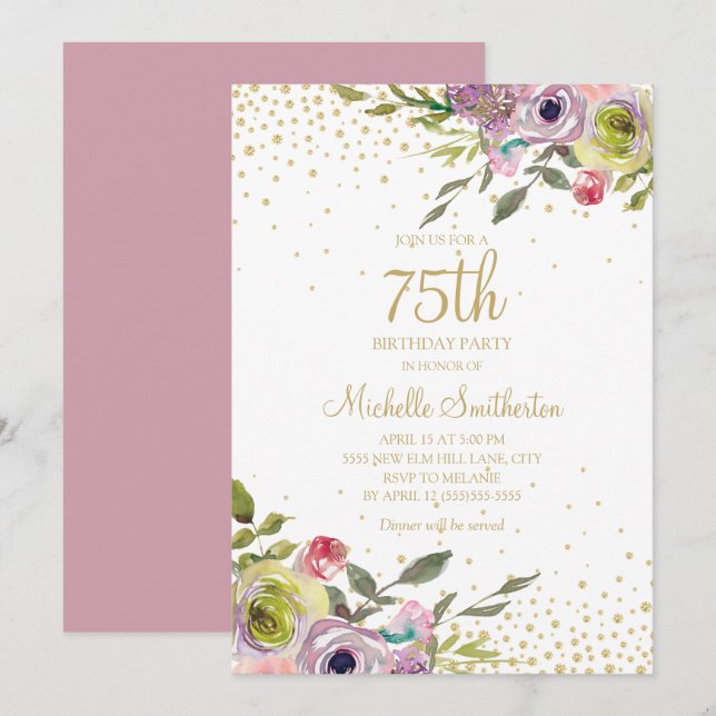 Invitation Parties scintillant or rose jaune floral 75e anniv (Devant / Derrière)