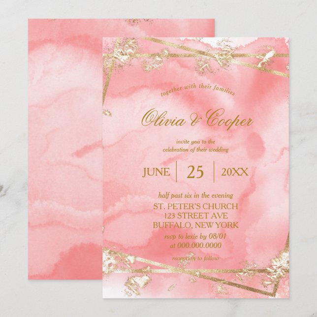 Invitation Parties scintillant or rose pâle Fairytale Mariage (Devant / Derrière)