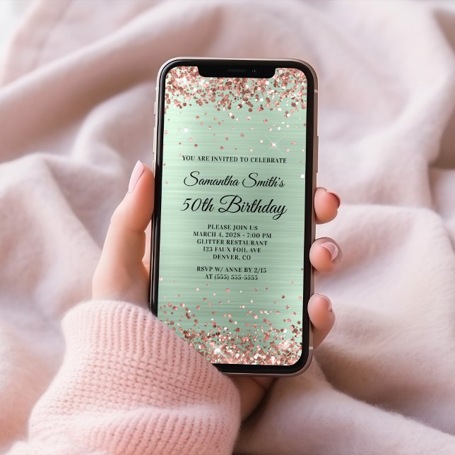 Invitation Parties scintillant or rose Pale Mint Foil 50e ann (Rose Gold Glitter Pale Mint Foil 50th Birthday Invitation)