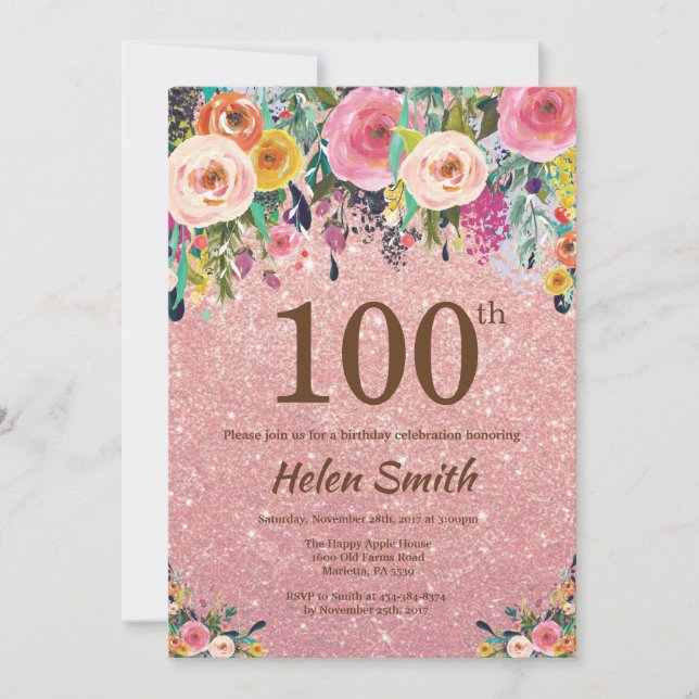 Invitation Parties scintillant or rose rose floral 100e anniv (Devant)