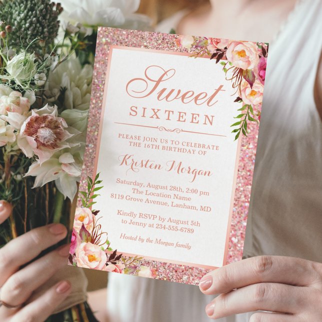 Invitation Parties scintillant or rose rose Floral Sweet 16 A (Créateur téléchargé)