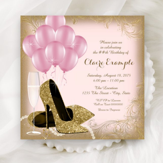 Invitation Parties scintillant or rose talons hauts Invitatio (Elegant pink and gold any number birthday and event invitation with gold shoes and balloons.)