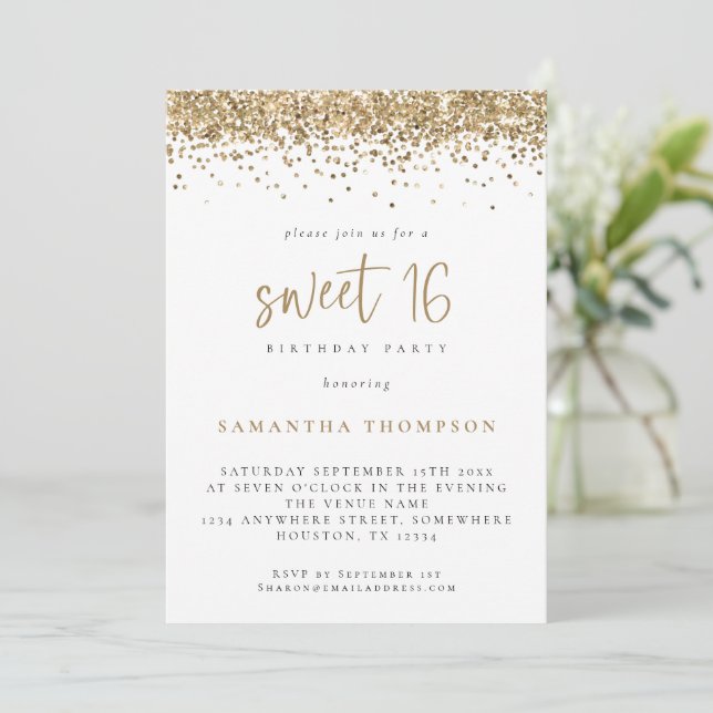 Invitation Parties scintillant Or tendance Sweet 16 Anniversa (Debout devant)