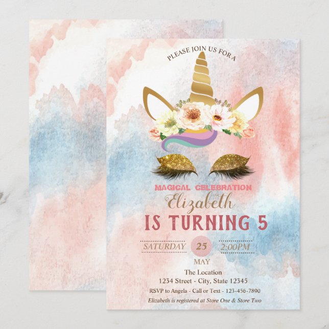 Invitation Parties scintillant or Unicorne, Aquarelle Splash  (Devant / Derrière)