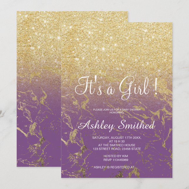 Invitation Parties scintillant or violet ombre marbre fille b (Devant / Derrière)