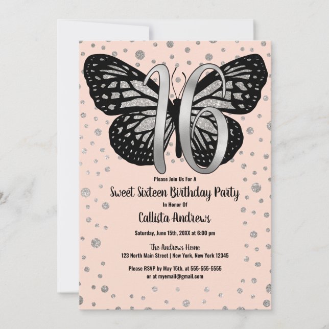 Invitation Parties scintillant papillon rose argent Confetti  (Devant)