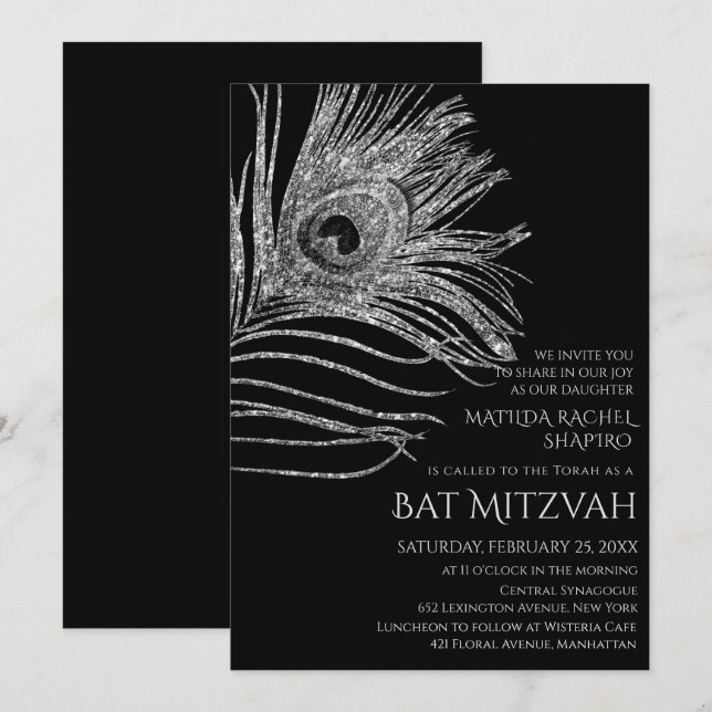 Invitation Parties scintillant Peacock Plume Bat mitzvah arge (Devant / Derrière)