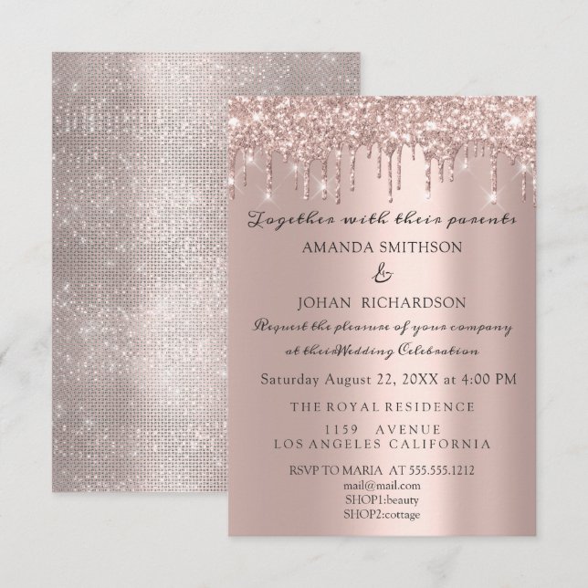 Invitation Parties scintillant pétillante Rose or élégant mar (Devant / Derrière)