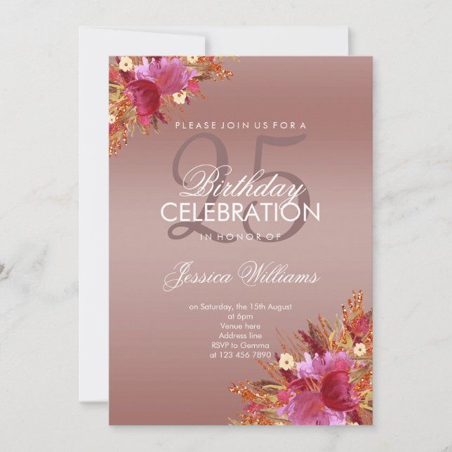 Invitation Parties scintillant Posh Aquarelle Fleurs Rose Or  (Devant)