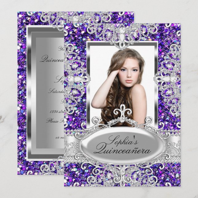 Invitation Parties scintillant pourpre et glamour diamant Qui (Devant / Derrière)