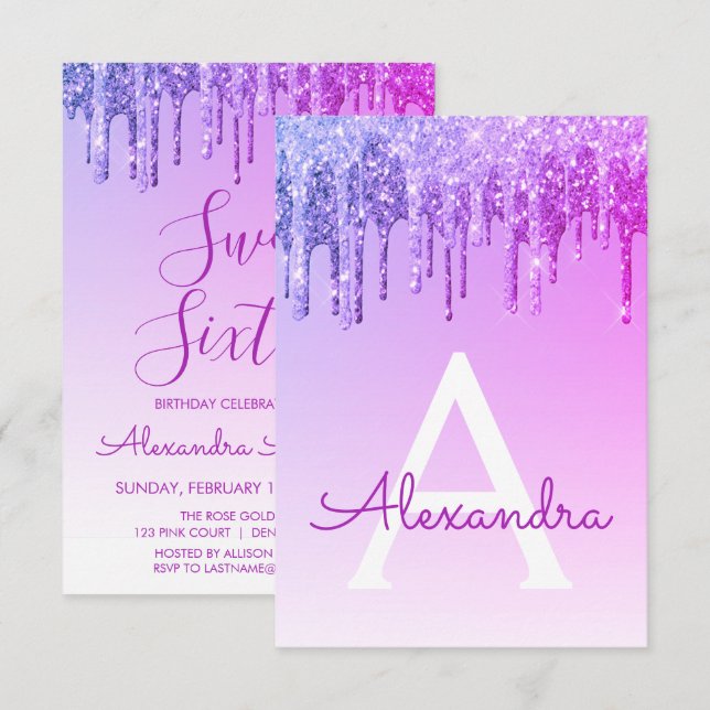 Invitation Parties scintillant pourpre Sweet sixteen Annivers (Devant / Derrière)