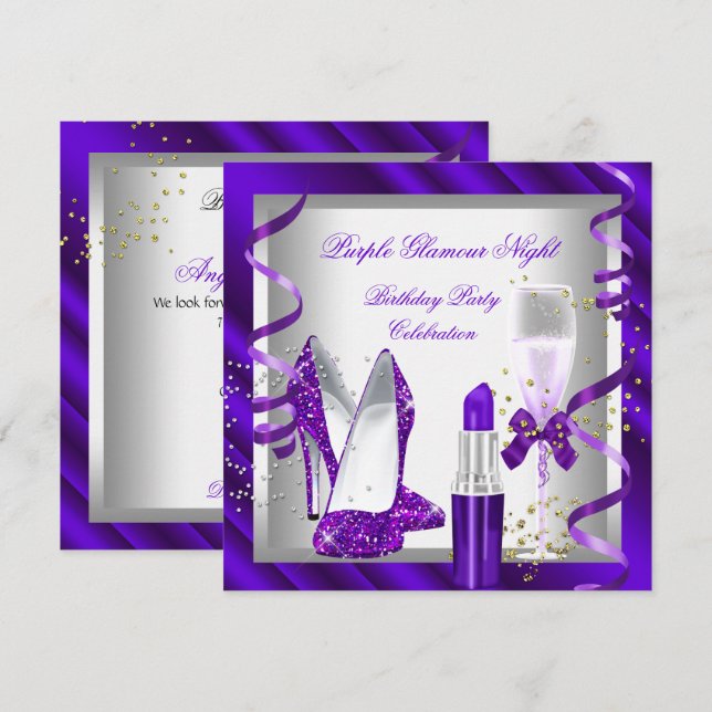 Invitation Parties scintillant Purple Glamor Soirée Champagne (Devant / Derrière)