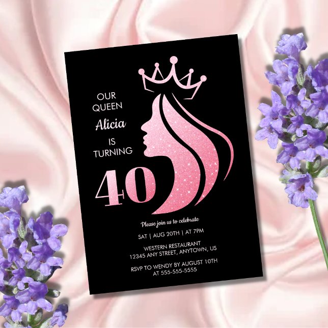 Invitation Parties scintillant Queen Crown rose Noir 40e anni (Créateur téléchargé)