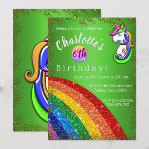 Invitation Parties scintillant Rainbow Green Unicorn Invitati