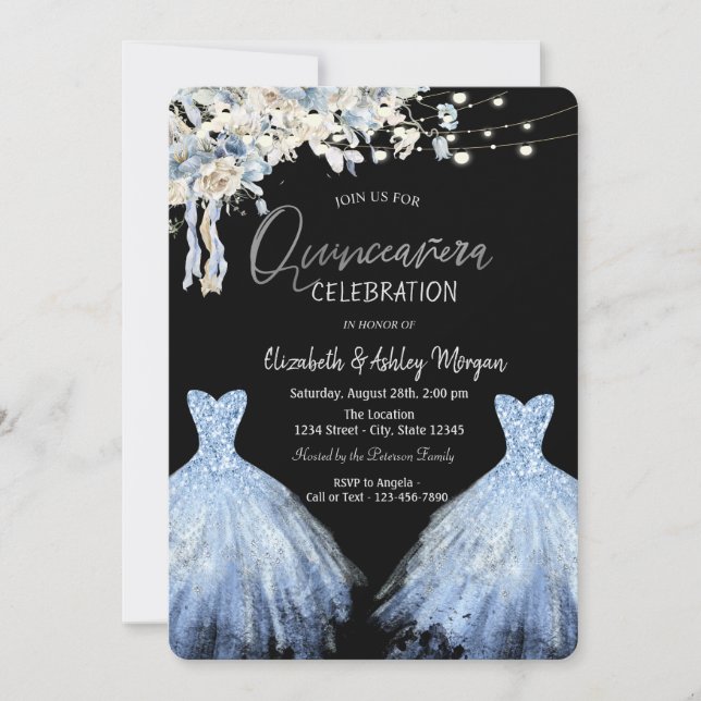 Invitation Parties scintillant Robe bleu Boho Fleurs (Devant)