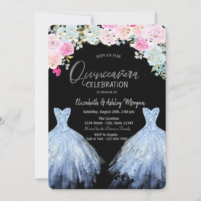Invitation Parties scintillant Robe Chic Bleu Fleurs Roses (Devant)