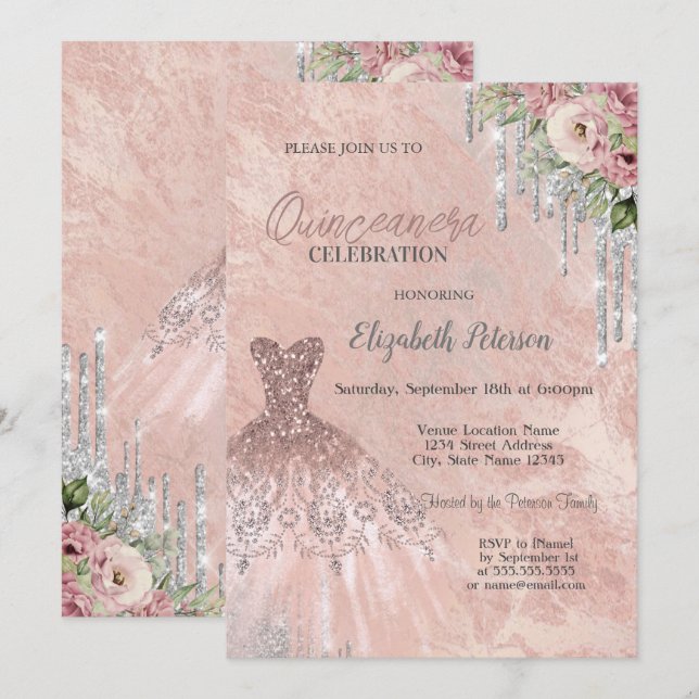 Invitation Parties scintillant, Robe Floral Chic Quinceanera (Devant / Derrière)