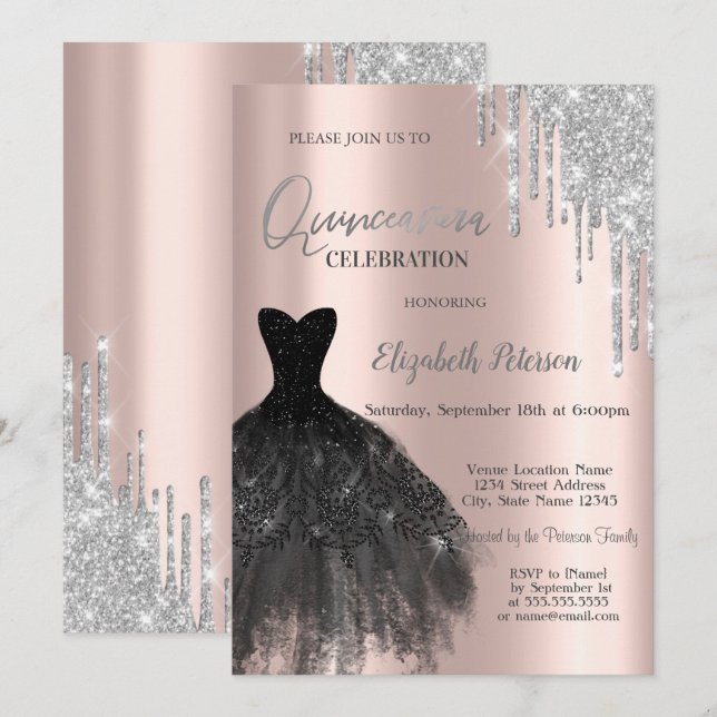 Invitation Parties scintillant, Robe noire Rose Or 15e annive (Devant / Derrière)