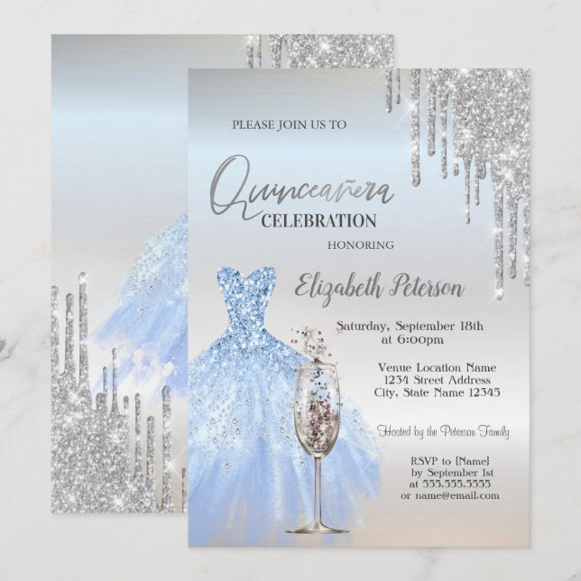Invitation Parties scintillant, Robe, Verre de Champagne Quin (Devant / Derrière)