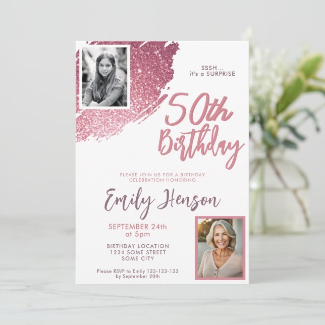 Invitation Parties scintillant rose 2 Photo Surprise 50e anni (Debout devant)