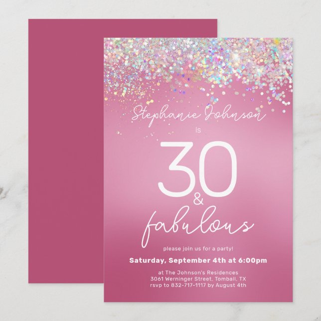 Invitation Parties scintillant rose 30 et Fabulous 30th Birth (Devant / Derrière)