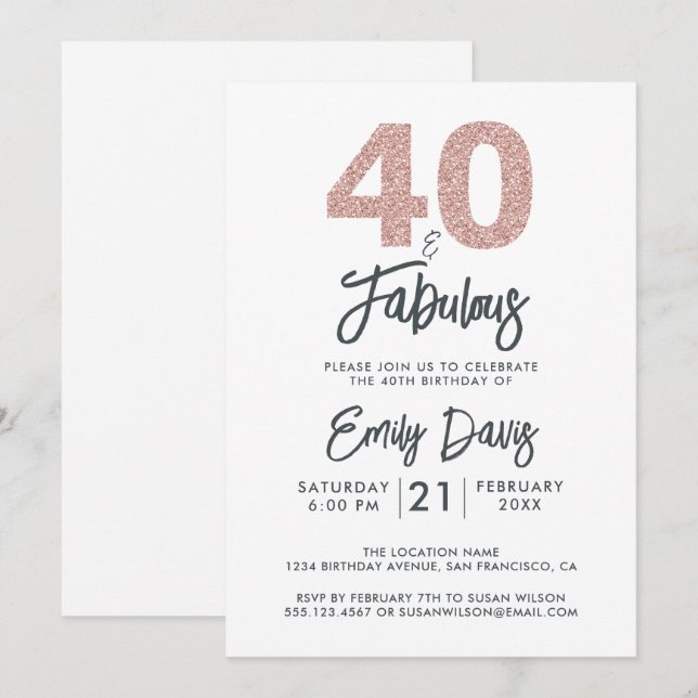 Invitation Parties scintillant rose 40 et fabuleux | 40e fête (Devant / Derrière)