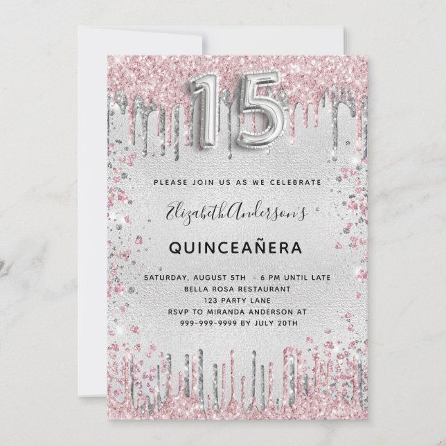 Invitation Parties scintillant rose argent Quinceanera (Devant)