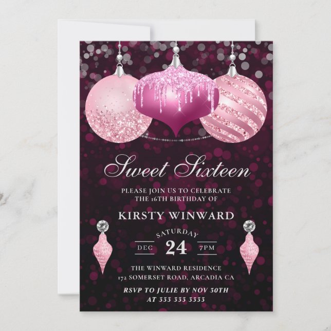 Invitation Parties scintillant rose Baubles Sweet sixteen de  (Devant)