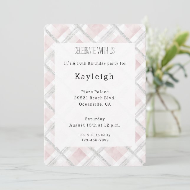 Invitation Parties scintillant rose blanc argent Carrés Anniv (Debout devant)